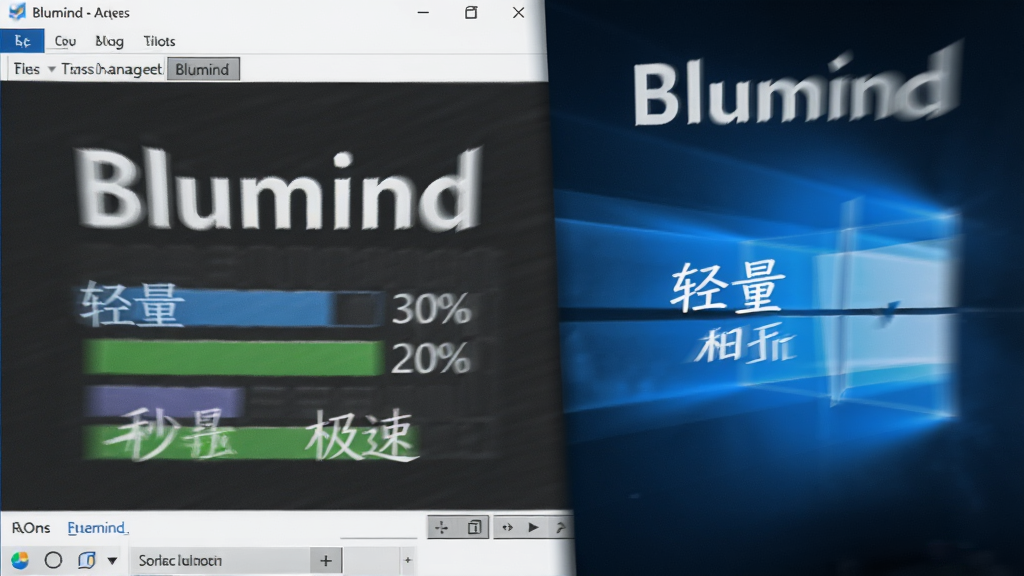 一张动态模糊效果的图片,展示Blumind软件在Windows任务管理器中极低的CPU和内存占用率,旁边是秒开的启动画面,背景为干净的深色系,突出
