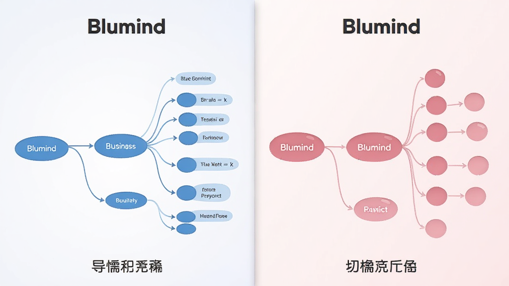 一张对比图,左侧是Blumind默认的蓝色系商务主题导图,右侧是切换了粉色系圆润节点样式后的同一张导图,背景为浅色渐变,展示软件