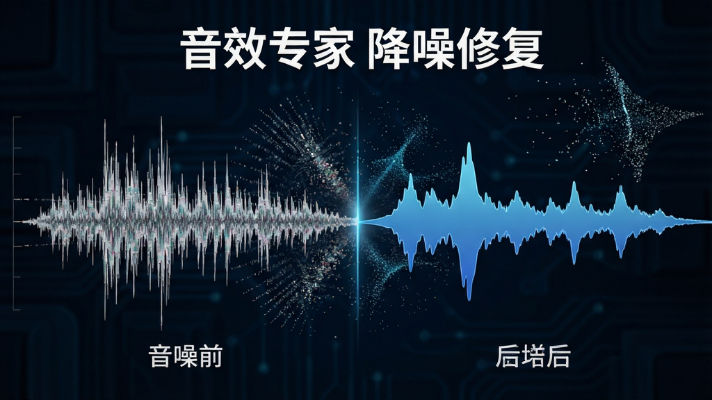 一幅展示音效专家智能降噪功能的插画,主体为音频波形图在降噪前后的对比,左侧为带有杂波干扰的波形,右侧为平滑纯净的波形,背景有噪声滤除的粒子效果,风格科技感,布局对比明显,画质高清,干净无多余元素,标注“音效专家 降噪修复”