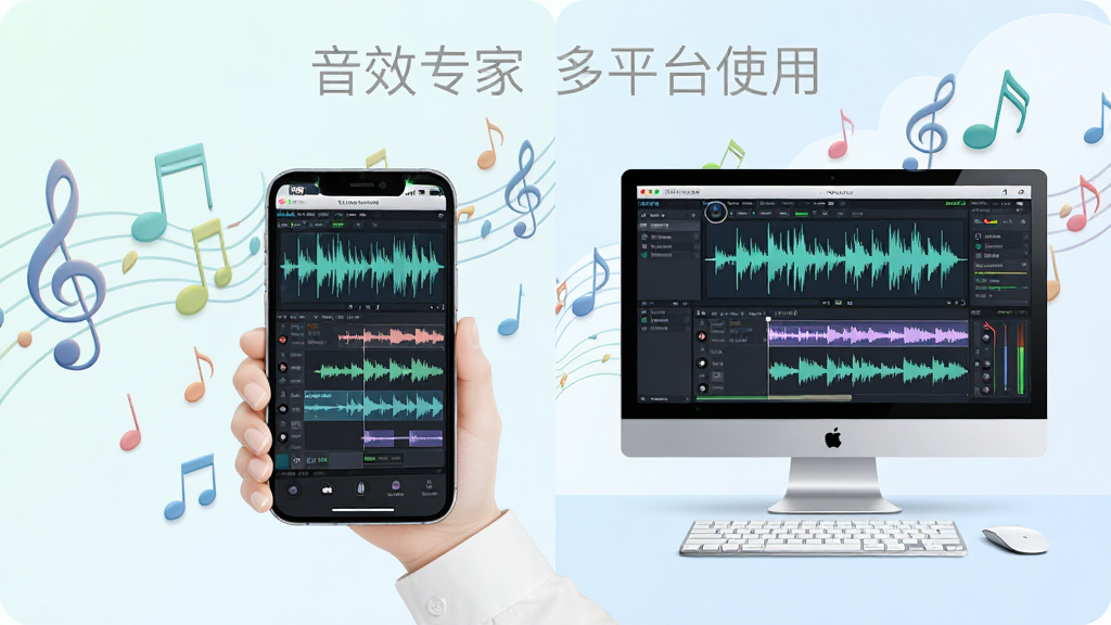 展示音效专家在手机与电脑上使用的对比场景插画,主体为手机与电脑屏幕中显示相同的音频编辑界面,背景有音符元素,布局左右对称,风格清新,细节丰富,画质高清,干净无多余元素,标注“音效专家 多平台使用”