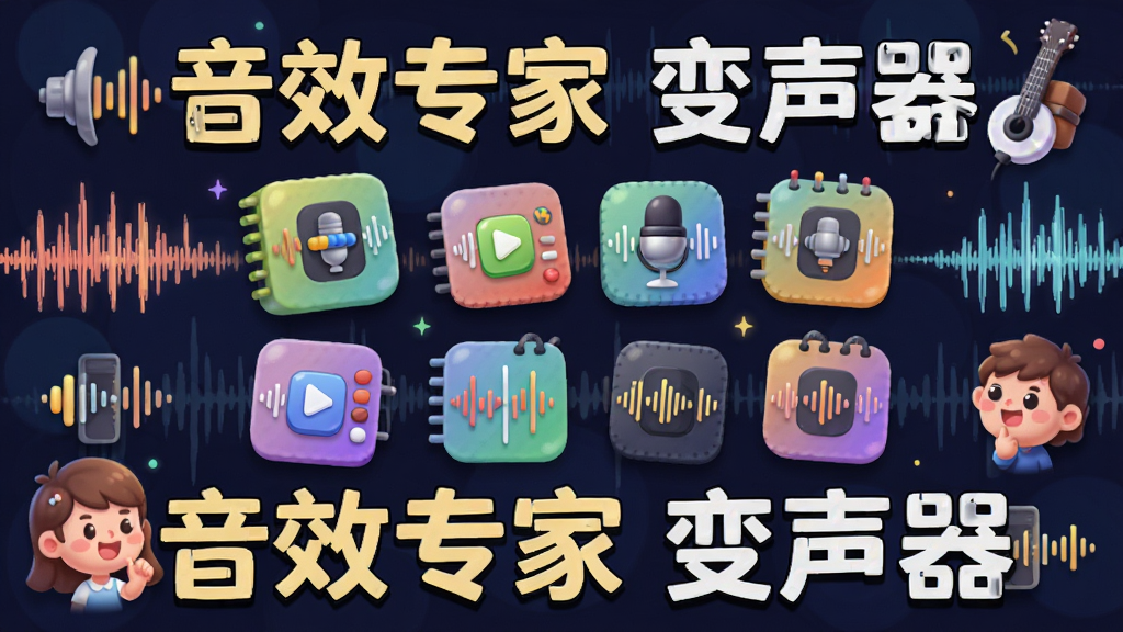 展示音效专家音效库与变声器功能的插画,主体为音效素材分类图标排列,背景有各种声音波形与卡通形象,布局活泼,风格可爱,细节丰富,画质清晰,干净无多余元素,标注“音效专家 变声器”