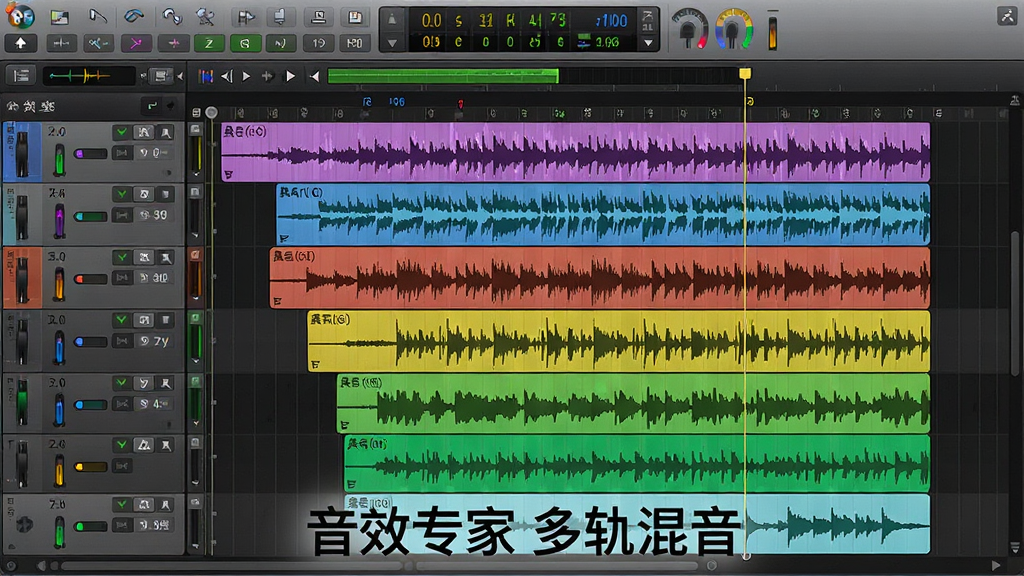 展示音效专家多轨混音编辑界面的插画,主体为多个彩色音轨并行排列在时间轴上,每个轨道有不同颜色的波形图,界面顶部有工具栏,整体布局专业清晰,风格写实,细节丰富,画质高清,画面干净无多余元素,标注“音效专家 多轨混音”