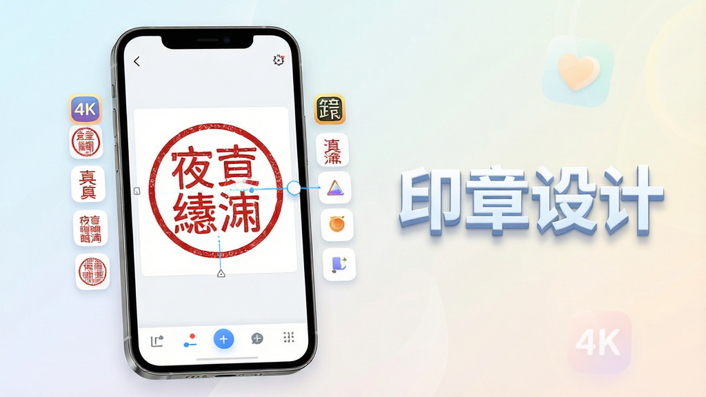 主体:一部智能手机屏幕展示印章设计软件主界面,界面中央有一个正在编辑的红色圆形印章,印章周围有各类样式调节工具;布局:手机位于画面中心偏左,右侧留白处有软件名称“印章设计”的立体文字;排版:手机界面清晰显示印章预览区和底部工具栏;风格:现代科技感,界面简洁明亮,浅色渐变背景;细节:印章文字清晰可见,软件图标圆润,画面干净通透;画质:4K超清,干净,无多余元素