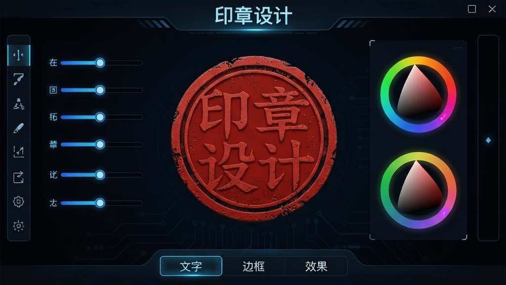 主体:印章设计软件编辑界面,屏幕中央是一枚红色圆形印章,印章周围有多个调节滑杆和颜色色环;布局:印章位于画面中央,编辑工具栏环绕四周;排版:界面下方有“文字”、“边框”、“效果”三个选项卡;风格:深色科技风,界面元素发光;细节:印章边缘有细微的做旧纹理,文字“印章设计”在屏幕顶部;画质:超清,干净,无多余元素