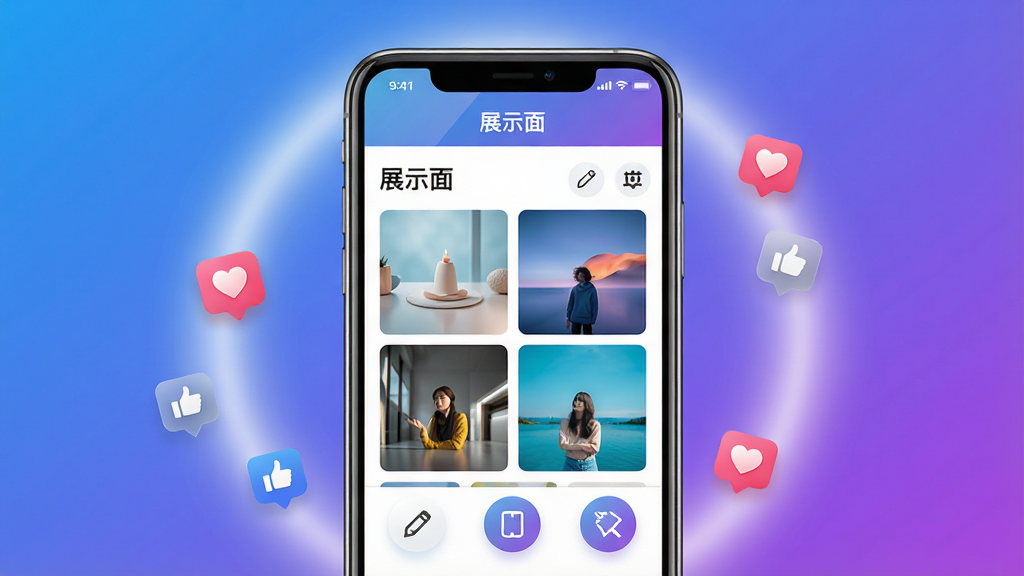 主体:手机屏幕展示“展示面”软件界面,界面中有精美的图片网格和编辑工具图标。布局:手机居中,屏幕内容清晰可见,周围有柔和的光晕和社交元素图标(如心形、点赞)漂浮。排版:手机屏幕内显示“展示面”字样和几张示例图片缩略图。风格:现代科技感,色彩明亮,背景为渐变的蓝紫色。细节:屏幕反光自然,图标精致。画质:高清,干净,无多余元素。