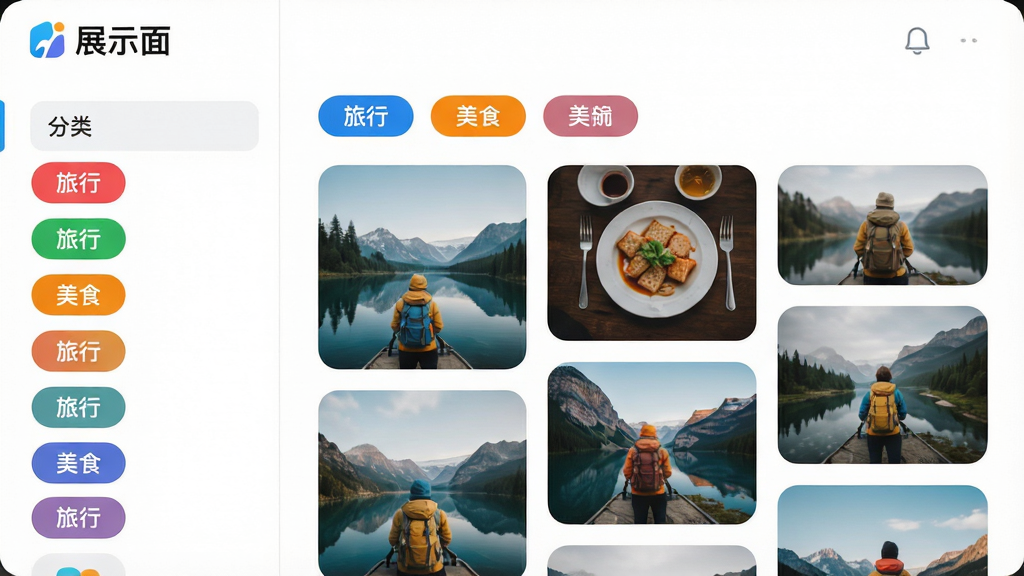 主体:展示面软件界面展示智能分类功能。布局:左侧为分类标签列表,右侧为对应图片瀑布流。排版:界面顶部有“展示面”Logo,中央显示“旅行”、“美食”等分类标签。风格:清爽简洁,白色背景搭配彩色标签。细节:图片缩略图圆角处理,标签颜色鲜艳。画质:高清,干净,无多余元素。