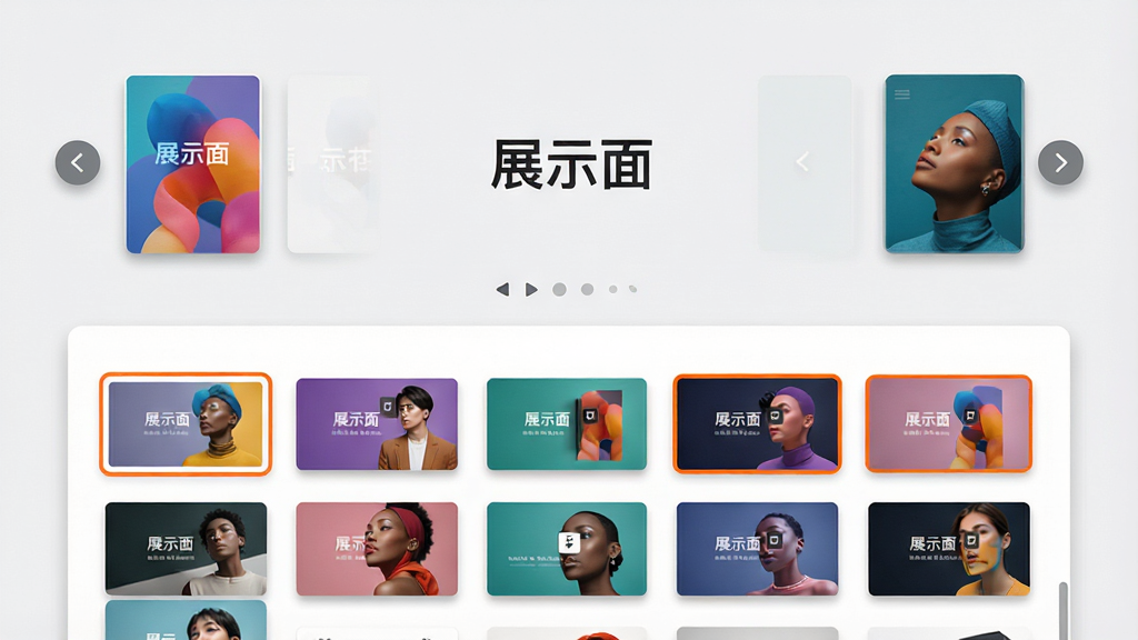 主体:展示面软件模板选择界面。布局:屏幕上半部分为模板预览轮播,下半部分为模板列表缩略图。排版:中央显示“展示面”字样,模板缩略图排列整齐。风格:时尚简约,浅灰色背景,模板封面色彩丰富。细节:模板边缘有阴影效果,选中状态有橙色边框。画质:高清,干净,无多余元素。