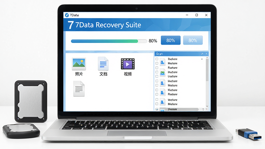 主体:一台笔记本电脑屏幕上显示7Data Recovery Suite的恢复界面,旁边摆放着移动硬盘和U盘。布局:电脑位于画面中央,存储设备围绕摆放,界面中显示扫描进度条和文件列表。排版:清晰展示软件名称“7Data Recovery Suite”在屏幕顶部,下方为功能按钮。风格:现代科技感,明亮干净的色调,蓝色和白色为主。细节:屏幕中显示“照片”、“文档”、“视频”等图标,进度条达到80%,文件列表中显示多个恢复文件。画质:高清,干净,无多余元素。