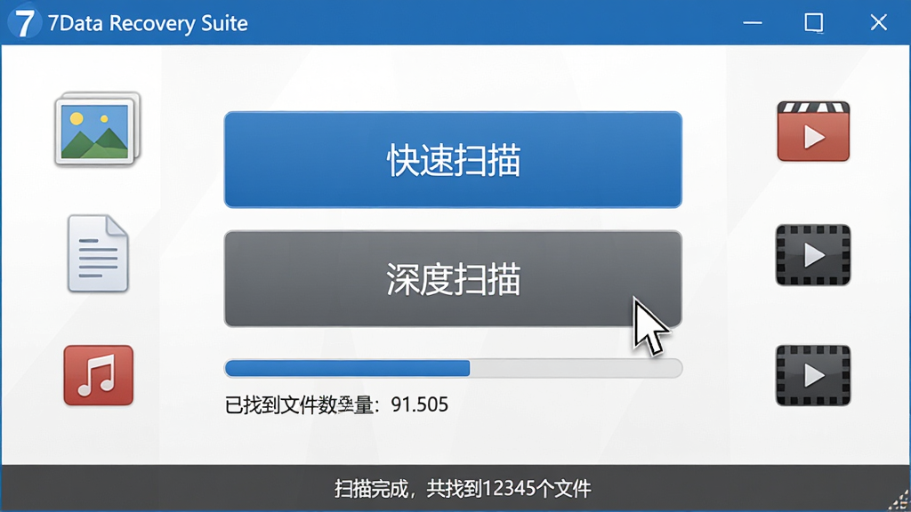 主体:7Data Recovery Suite软件界面,左侧显示“快速扫描”和“深度扫描”两个大按钮。布局:界面居中,按钮上下排列,周围有文件类型图标(图片、文档、音频、视频)。排版:按钮下方有扫描进度条和已找到文件数量统计。风格:简洁商务风,蓝灰配色,干净利落。细节:鼠标指针悬停在“深度扫描”按钮上,界面底部显示“扫描完成,共找到12345个文件”。画质:高清,干净,无多余元素。