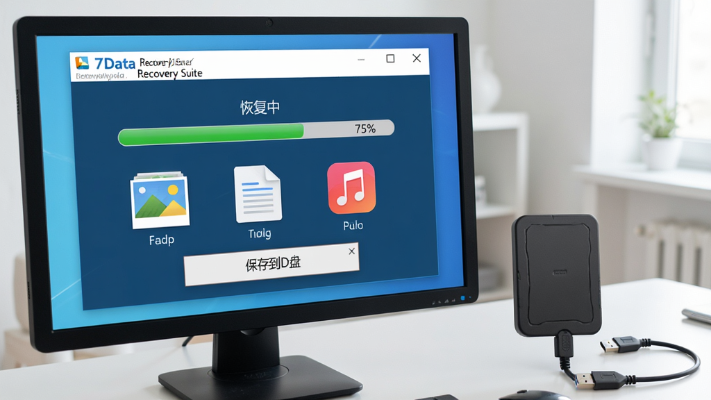 主体:电脑屏幕显示7Data Recovery Suite正在恢复文件,旁边有移动硬盘和USB线。布局:电脑在左侧,硬盘在右侧,屏幕中显示“恢复中”进度条和文件图标。排版:屏幕下方有“保存到D盘”的提示框。风格:写实风格,室内光线明亮。细节:进度条显示75%,文件图标包括照片、文档、音乐。画质:高清,干净,无多余元素。