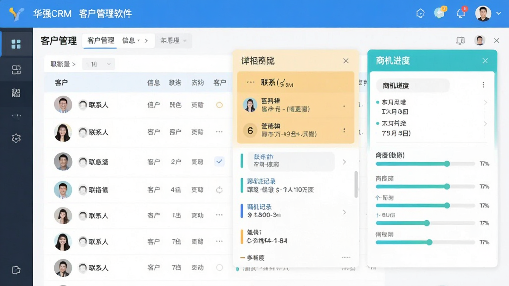 ��ǿCRM�ͻ����������ͻ��������棬��ʾ�ͻ��б�����ϸ���Ͽ�Ƭ��������ϵ����Ϣ��������¼���̻���������������ÿ�Ƭʽ���֣�ɫ���������죬��ƽ����ƣ����ʸɾ��޶���Ԫ��
