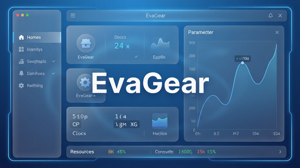 主体:EvaGear软件主界面,展示半透明毛玻璃效果的仪表盘与功能模块图标,中心显示“EvaGear”字样;布局:居中对称式设计,左侧为导航栏,右侧为参数曲线图;排版:信息层级分明,标题字体采用无衬线体,数据区域使用等宽字体;风格:科技蓝渐变背景,光效柔和,扁平化设计语言;细节:界面边缘有发光线条,模块间以细线分隔,底部显示系统资源占用率;画质:8K超高清渲染,光影过渡自然,干净无多余元素;文字:“EvaGear”使用白色粗体,背景干净无多余元素。
