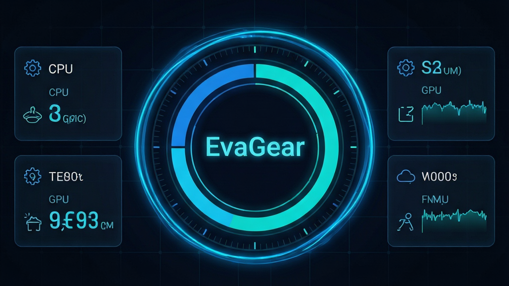 主体:EvaGear性能调度界面,显示CPU与GPU双环状负载图,中央有“EvaGear”字样;布局:环形仪表盘置于画面中央,两侧分列温度与帧率数据卡片;排版:数据标签使用阿拉伯数字与单位缩写,图标采用线性风格;风格:深色背景配以霓虹蓝与青色高亮,科技感十足;细节:仪表盘边缘有流动光效,背景网格线若有若无;画质:4K超清,细节锐利,干净无多余元素;文字:“EvaGear”以发光字体呈现。