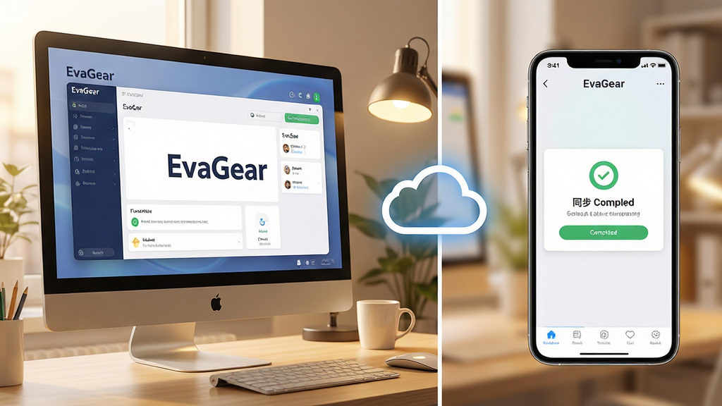 主体:EvaGear在PC与手机上的协同场景,左侧为电脑屏幕显示软件主界面,右侧为手机App界面;布局:左右分屏式,中间有云朵图标表示同步;排版:简洁明了,界面元素清晰可见;风格:明亮办公环境,暖色调光源,写实风格;细节:屏幕中显示“EvaGear”字样,手机界面显示同步完成提示;画质:高质量渲染,细节丰富,干净无多余元素;文字:“EvaGear”出现在两侧设备屏幕上。