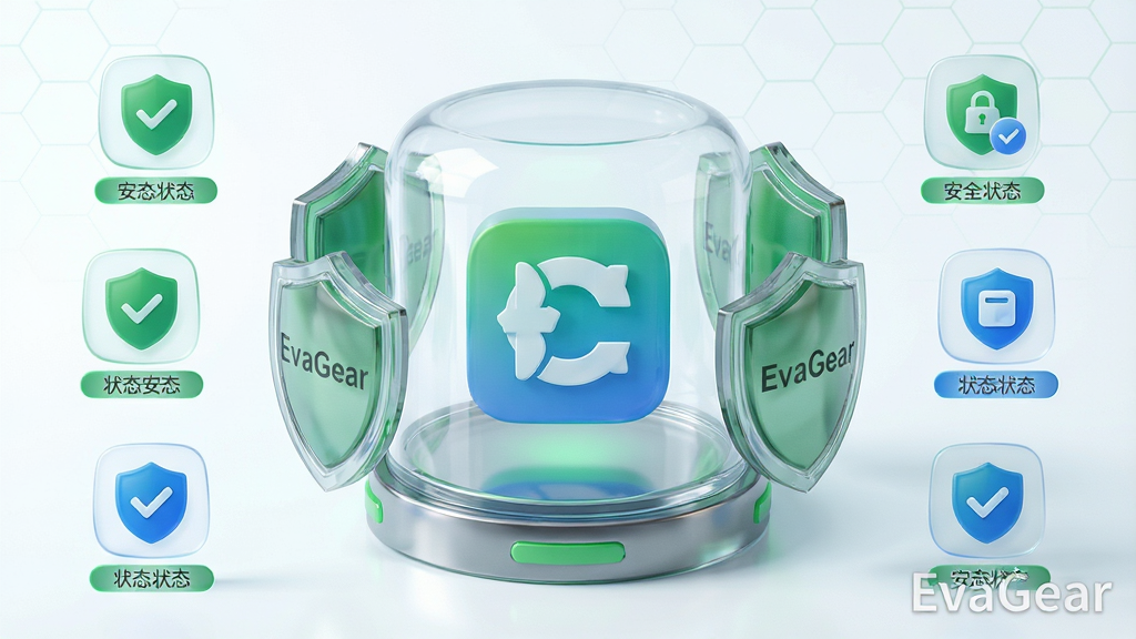 主体:EvaGear安全沙箱界面,展示一个透明玻璃罩包裹的应用程序图标,周围环绕防护盾牌;布局:中心对称,沙箱主体占视觉焦点,四周散落安全检测项图标;排版:图标下方配有简短状态标签;风格:明亮浅色背景,玻璃拟态设计,绿色与蓝色点缀;细节:防护盾牌上刻有“EvaGear”字样,背景有微弱六边形网格;画质:高清细腻,反光真实,干净无多余元素;文字:“EvaGear”作为水印置于右下角。