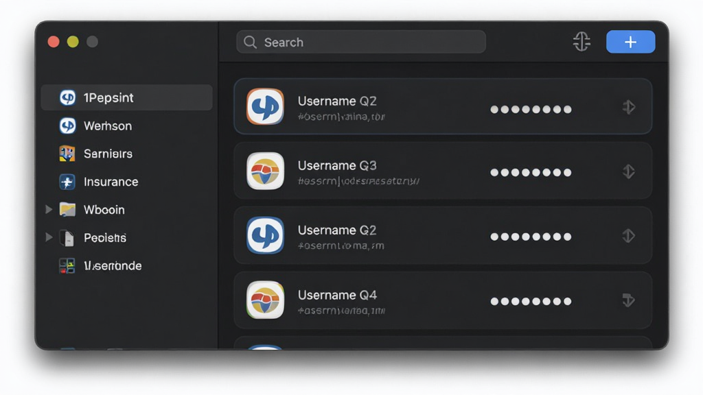 1Password 主界面展示,深色主题,左侧栏为保险库分类,右侧显示一组网站密码条目,每条带有网站图标、用户名、密码圆点,顶部为搜索框与新建按钮,整体界面简洁现代,科技感强,高清画质,干净无多余元素