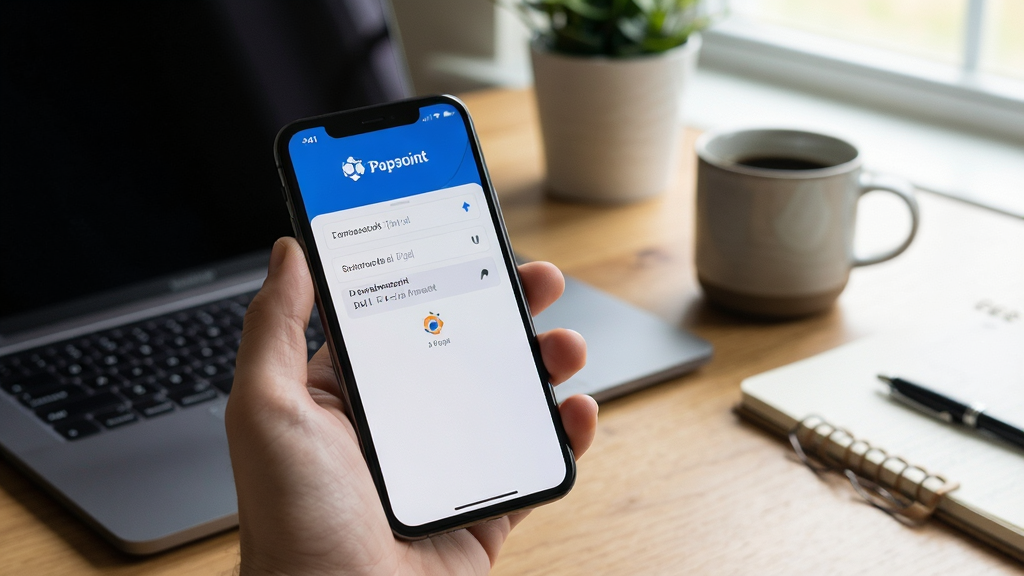 1Password 移动端使用场景,手机屏幕显示自动填充密码界面,背景为办公桌,有笔记本电脑和咖啡杯,画面自然光,风格生活化,细节丰富,画质清晰,干净无多余元素