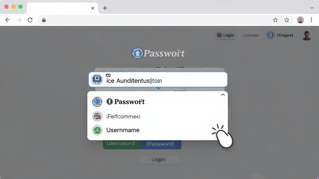 1Password 自动填充功能演示,浏览器中打开登录页面,密码框下方弹出1Password下拉建议条,显示网站名称与用户名,鼠标点击即可填充,界面清晰直观,风格写实,画质高清,干净无多余元素