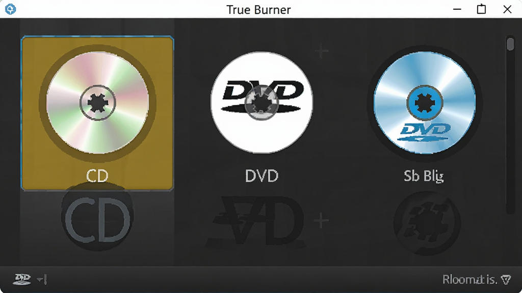 True Burner软件刻录界面,展示多种光盘类型选择,包括CD、DVD和蓝光光盘图标,布局清晰,色彩明亮,画质干净专业,无多余元素
