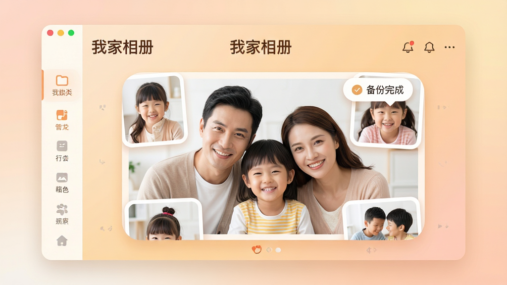 主体:一款名为“我家相册”的智能相册管理软件界面,界面中央展示家庭照片墙,有父母和孩子的笑脸照片。布局:居中构图,软件主界面占据画面主体,背景为柔和的渐变色,侧面有分类标签栏。排版:界面清晰,图标排列整齐,突出“我家相册”品牌字样。风格:温馨、现代、简洁的UI设计风格,色调温暖明亮。细节:照片边缘有圆角处理,屏幕上有“备份完成”的提示气泡,画质:高清渲染,干净,无多余元素。