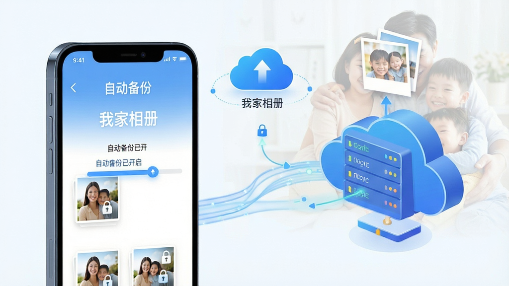 主体:智能手机屏幕显示“我家相册”自动备份界面,云端图标上方有照片上传动画。布局:左侧为手机设备,右侧为云端服务器图形,中间有数据流动线条。排版:界面简洁,进度条清晰,标注“自动备份已开启”。风格:科技感与温馨感结合,蓝色与白色主色调。细节:照片缩略图带有加密锁图标,背景有家庭合影水印。画质:细腻,干净,无多余元素。