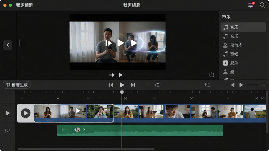 主体:“我家相册”的影片编辑界面,时间线上排列着多张照片,上方是预览窗口播放着自动生成的视频。布局:上方预览,下方编辑轨道,右侧有音乐选择列表。排版:轨道上照片缩略图清晰,播放按钮醒目。风格:专业剪辑软件风格但更简约,深色背景。细节:时间线上有“智能生成”按钮,预览画面中有转场特效。画质:高清明亮,干净,无多余元素。