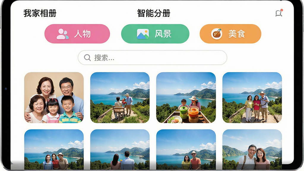 主体:“我家相册”的智能分类界面,屏幕上显示多个分类标签如“人物”、“风景”、“美食”,下方是搜索结果缩略图。布局:网格状排列,标签栏在顶部,搜索框居中。排版:分类图标圆润,色彩鲜明,结果页瀑布流展示。风格:扁平化设计,清新活泼。细节:人物分类下展示家庭成员头像,风景分类下展示旅游照片。画质:高清,干净,无多余元素。