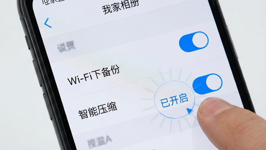 主体:手机屏幕显示“我家相册”的设置页面,有“Wi-Fi下备份”、“智能压缩”等开关选项。布局:屏幕居中,设置项列表排列,背景为浅灰色。排版:开关按钮醒目,文字清晰。风格:简洁实用风格,蓝色主题色。细节:手指点击开关的瞬间,屏幕上有“已开启”的提示。画质:高清,干净,无多余元素。