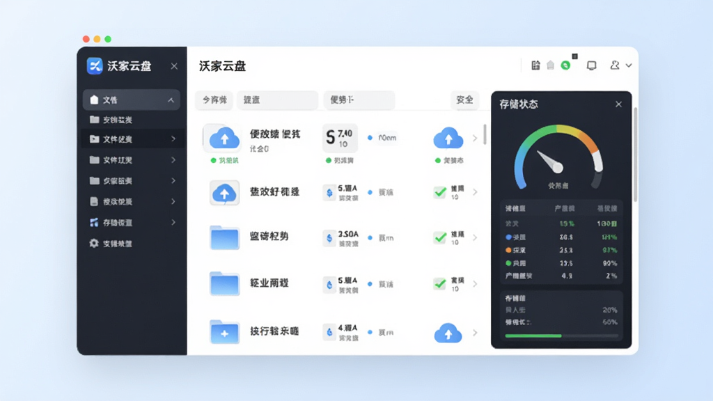 主体为沃家云盘软件界面,居中展示云盘主页面,左侧为文件分类导航栏,右侧为文件列表与存储状态仪表盘,背景为淡蓝色渐变,整体采用扁平化设计风格,界面元素清晰、图标圆润,画质高清,干净无多余元素,突出“安全、高效、便捷”的云存储服务理念。