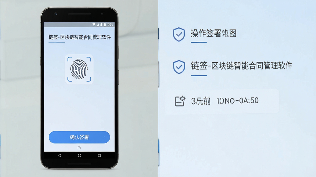 一张手机端操作示意图,画面展示“链签-区块链智能合同管理软件”在安卓手机上的签署页面,包含指纹识别图标和“确认签署”按钮,背景为浅蓝色,整体风格简洁,布局清晰,细节丰富,画质干净,无多余元素