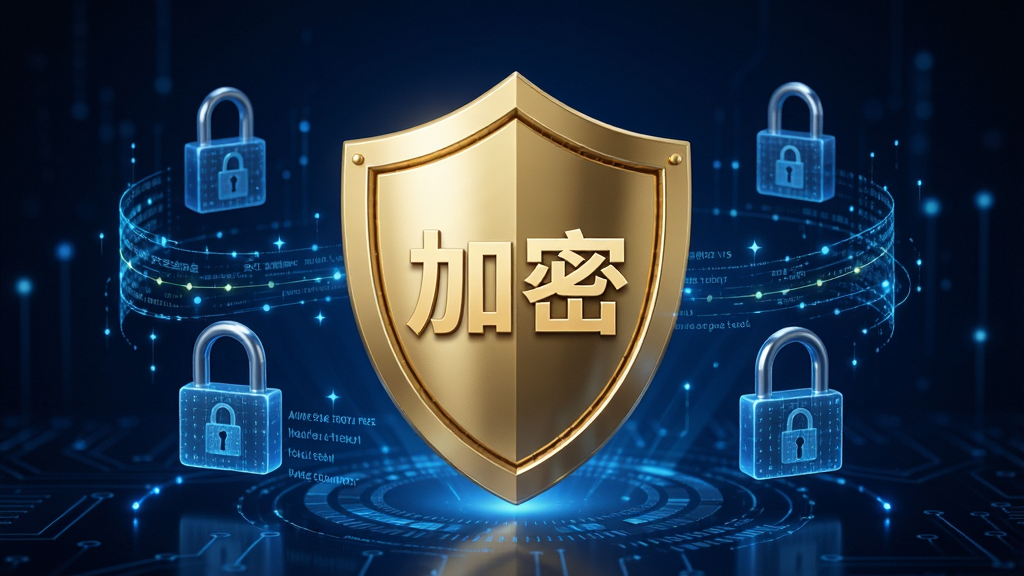 展示沃家云盘安全加密功能,画面中央为一把金色盾牌,盾牌上带有“加密”字样,周围环绕数字锁与数据流线条,背景为深蓝色科技感光效,整体风格稳重专业,画质高清,干净无多余元素,突出“安全防护”特性。