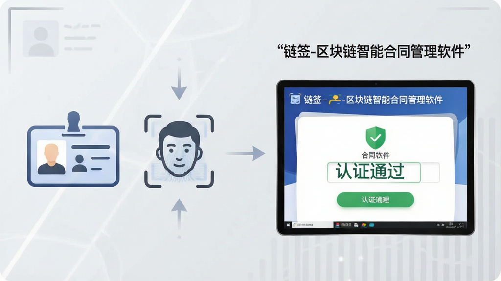 一张实名认证流程示意图,画面左侧为身份证与人脸识别图标,右侧为“链签-区块链智能合同管理软件”的认证通过界面,背景为浅灰色商务风格,布局层次分明,细节清晰,画质干净,无多余元素