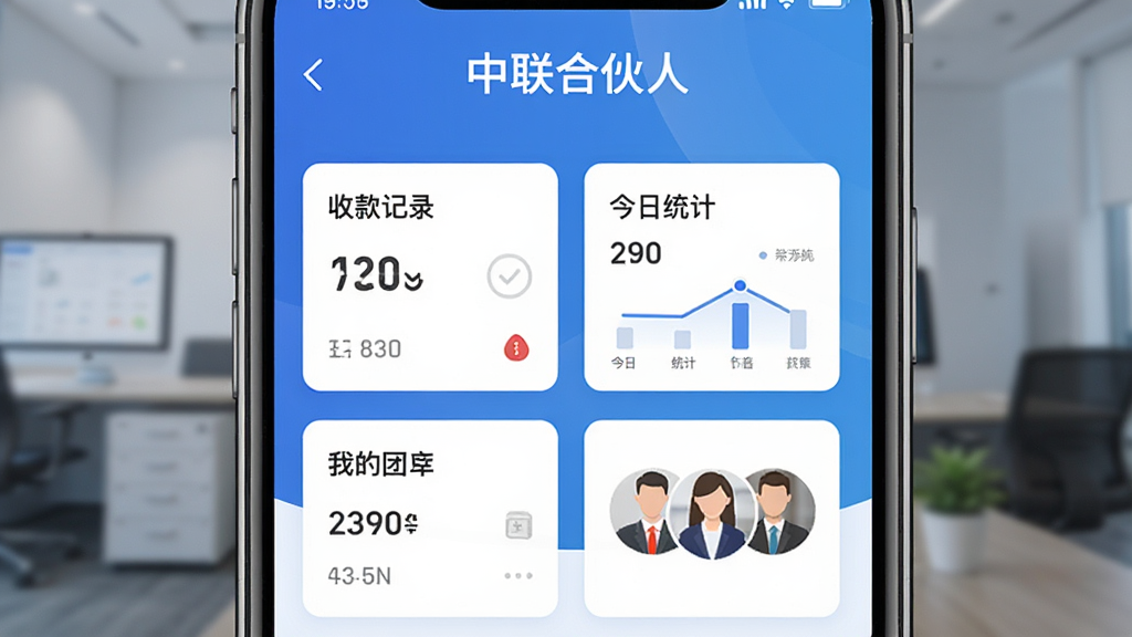 中联合伙人App主界面展示,手机竖屏居中,屏幕内显示“中联合伙人”首页,包含“收款记录”、“今日统计”、“我的团队”等卡片,背景为蓝色渐变商务风格,扁平化设计,界面干净,细节清晰,画质高清,无多余元素