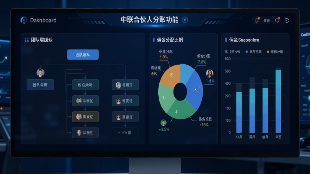 中联合伙人分账功能后台界面,屏幕显示团队层级图表与佣金分配比例,饼状图与柱状图结合,数据可视化,背景为深蓝科技感,界面现代,细节丰富,画质清晰,无多余元素