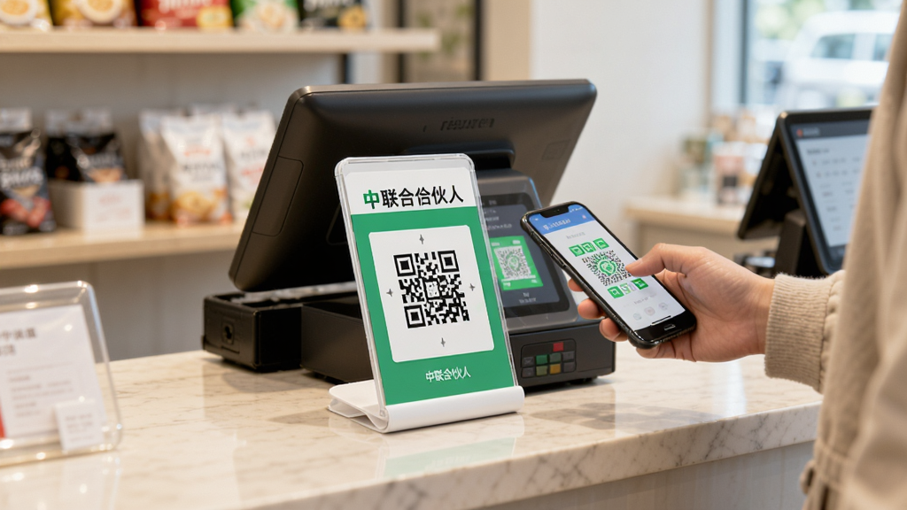 中联合伙人聚合收款码展示,一个商户收银台前摆放着印有“中联合伙人”Logo的收款立牌,顾客正使用手机扫码支付,背景为实体店铺场景,光线明亮,构图清晰,写实风格,画质高清,干净无杂物