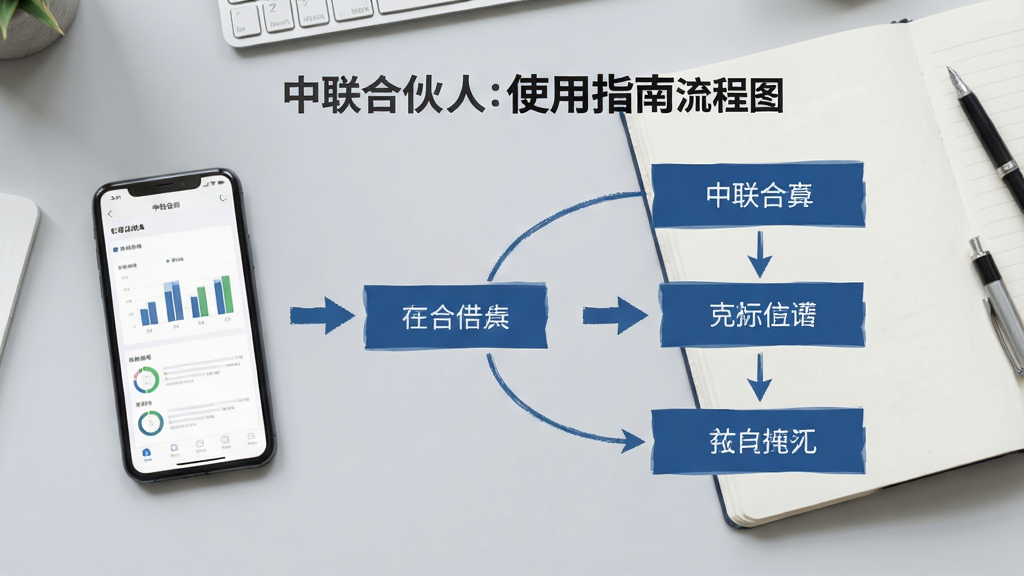 中联合伙人使用指南流程图,步骤清晰,包含手机截图与箭头指示,背景为浅灰色工作台,上面放有手机和笔记本,风格简洁,画质高清,干净无杂物
