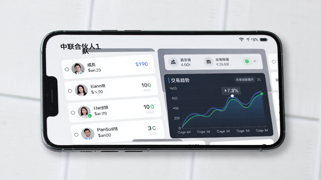 中联合伙人团队管理页面,手机屏幕上显示成员列表、业绩排名和交易趋势折线图,界面采用浅色商务风格,卡片式布局,信息层次分明,画质高清,干净简洁