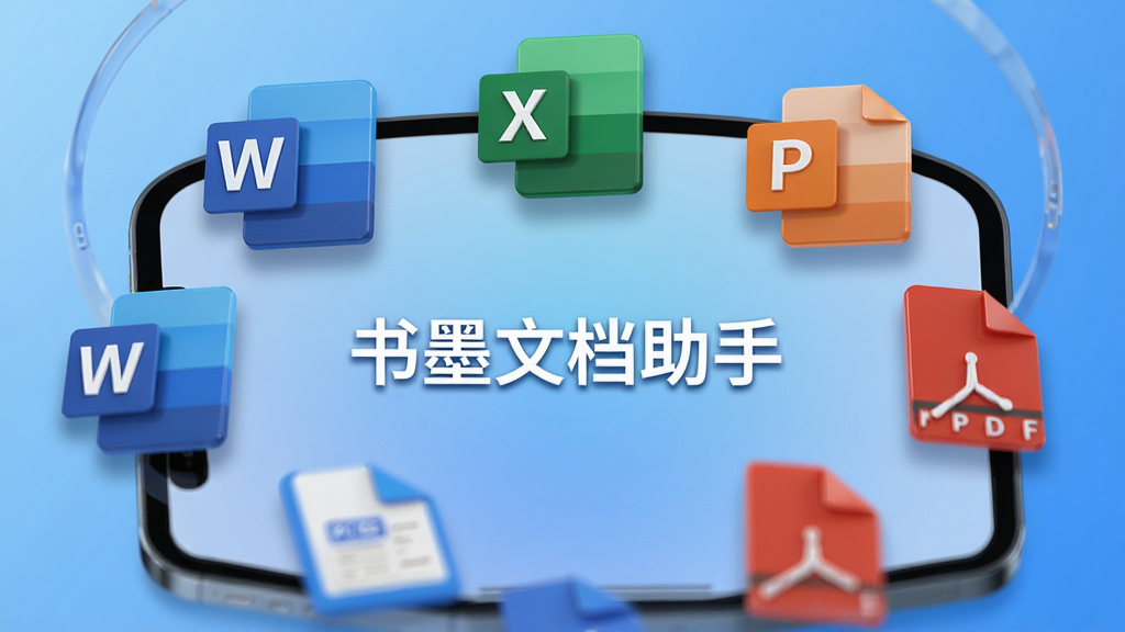画面主体为书墨文档助手软件在手机平板上展示多种文档格式图标,包括Word蓝色图标、Excel绿色图标、PPT橙色图标、PDF红色图标,布局为环绕式排列,中间显示软件名称“书墨文档助手”,背景为干净的渐变蓝色,风格为科技感3D渲染,细节为图标阴影与高光,画质通透干净,无多余元素