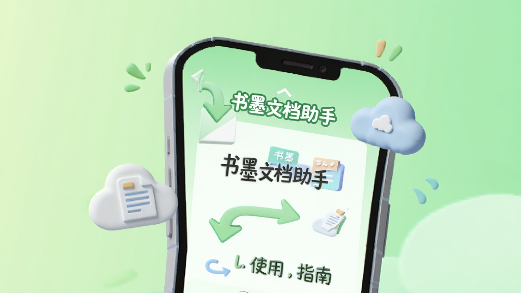 画面主体为手机屏幕展示书墨文档助手的使用教程界面,屏幕上有步骤指引箭头和文字说明“书墨文档助手使用指南”,背景为清新的浅绿色渐变,风格为2.5D立体插画,细节包括手机、文档、云朵图标,画质干净无多余元素