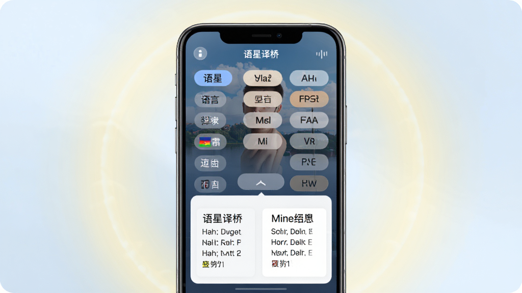 语星译桥多语言实时互译功能界面预览图,画面展示手机屏幕上排列着多国语言选项,点击后下方弹出双语对照翻译结果,背景为柔和的光晕效果,主体为手机特写,布局居中,设计风格清新科技感,细节包含语言列表和翻译卡片,画质干净明亮,无多余元素