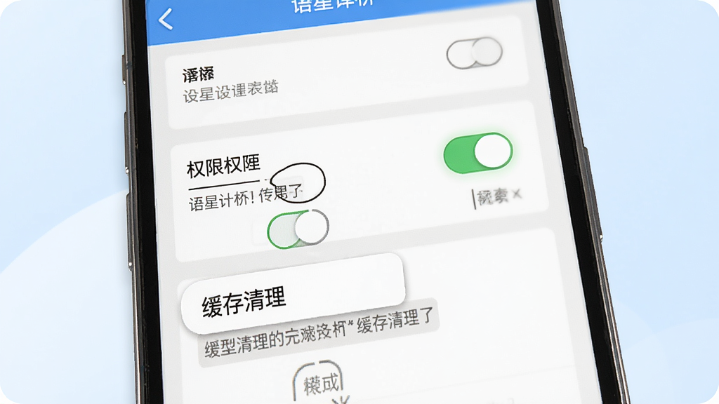 语星译桥使用指南教学示意图,画面展示手机屏幕上的设置界面,突出显示权限管理和缓存清理选项,背景为简洁的浅蓝色渐变,主体为手机特写,布局清晰,风格清爽,细节包括开关按钮和提示文字,画质干净明亮,无多余元素
