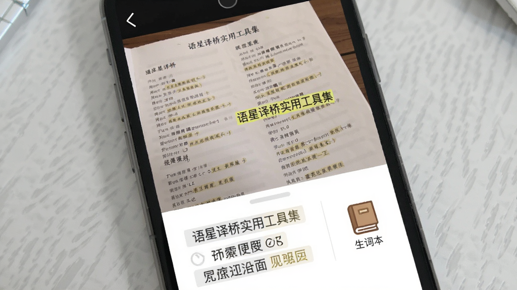 语星译桥实用工具集界面展示图,画面展示手机屏幕上的拍照翻译界面,相机取景框对准一份外文菜单,下方显示翻译后的中文对照,旁边有历史记录和生词本的图标,背景为浅灰色桌面,布局清晰,风格简约实用,细节包括菜单文字和翻译高亮,画质干净,无多余元素