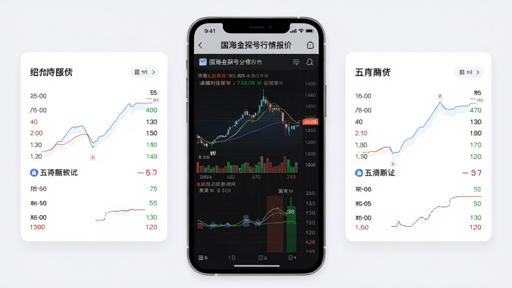 主体为国海金探号行情报价页面,手机屏幕上显示分时走势图与五档买卖盘口,背景为浅灰白色简约风格,布局为手机屏幕居中展示,左右两侧辅以行情数据卡片,排版简洁明了,风格偏向商务简约,细节包括分时曲线、成交量柱、买卖五档价格,画质清晰干净,无多余元素