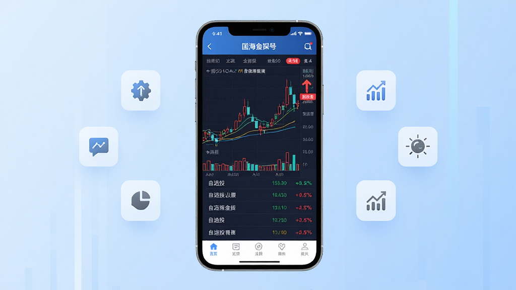 主体为国海金探号App界面展示,手机屏幕中清晰显示股票行情图表与红色上涨数据,背景为现代商务风格浅蓝色渐变,布局为中央手机立式展示,两侧配以简洁的功能图标悬浮,排版干净大气,风格偏向金融科技感,细节包括屏幕内K线图、自选股列表、底部导航栏,画质高清锐利,干净无多余元素