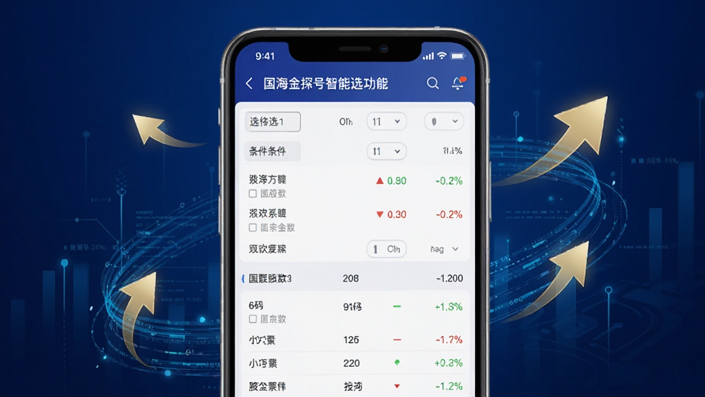 主体为国海金探号智能选股功能界面,屏幕上展示选股条件筛选列表与股票列表,背景为深蓝色科技感渐变,布局为手机屏幕居中放大展示,周围环绕数据流动线条与金色箭头图标,排版清爽有层次,风格为现代金融科技风,细节包括条件筛选框、股票代码、涨跌幅颜色标识,画质高清干净,无多余元素