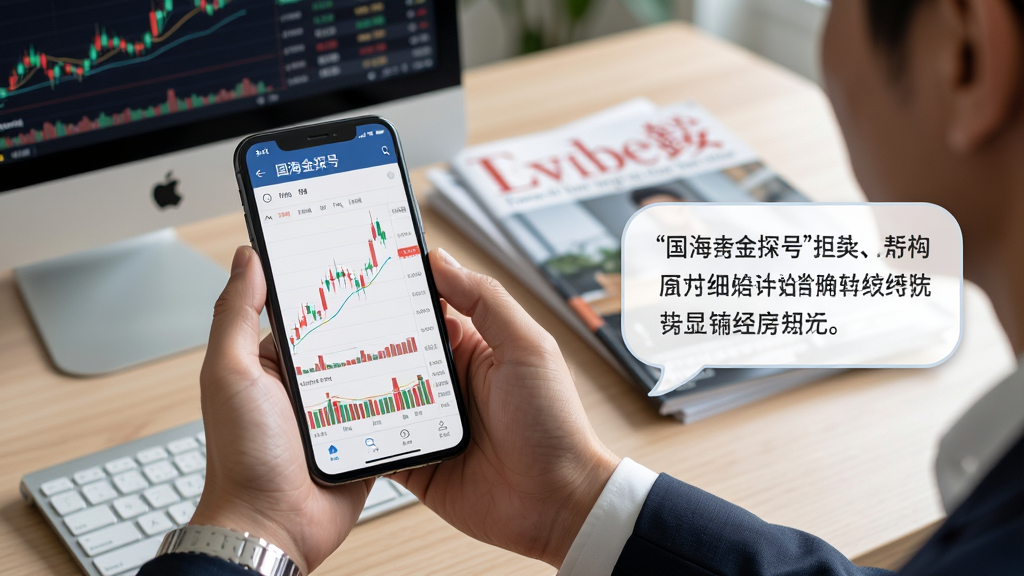 主体为国海金探号使用场景图,一位投资者手持手机查看行情,屏幕显示股票K线图,背景为办公室桌面,有电脑与金融杂志,布局为人物与手机居中,右侧留白放置文字气泡,排版自然亲和,风格为写实摄影,细节包括手机屏幕内容清晰可见,画质高清干净,无多余元素