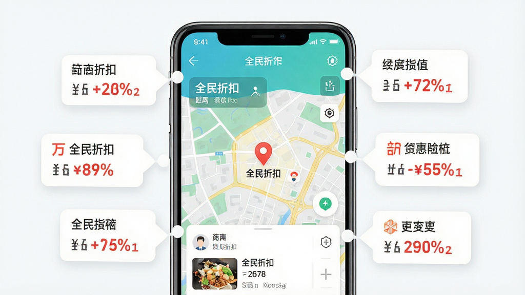 生成一张全民折扣APP的智能定位功能展示图,主体为手机地图界面,周围分布商家优惠标签,布局直观,排版整洁,风格清新,细节包括距离和折扣信息,画质清晰干净,无多余元素,文字标注“全民折扣”