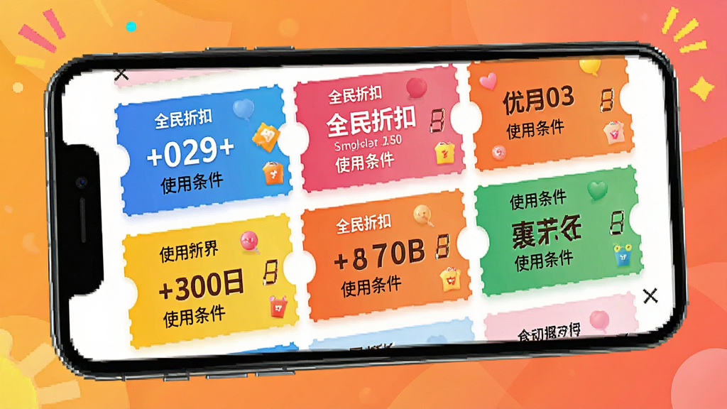 生成一张全民折扣APP优惠券领取界面图,主体为手机屏幕展示多张彩色优惠券,布局整齐,风格活泼,细节包括券面金额和使用条件,画质高清,无多余元素,文字标注“全民折扣”