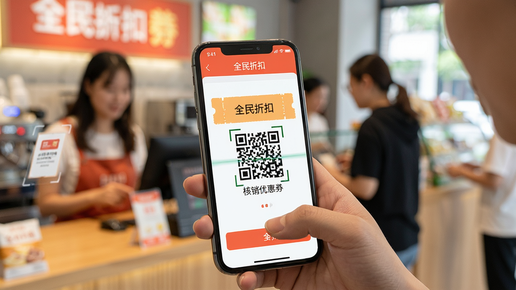 生成一张用户正在使用全民折扣APP扫码核销优惠券的场景图,主体为手机扫描商家二维码,布局自然,风格生活化,细节包括手机屏幕上的券码和商家环境,画质清晰干净,无多余元素,文字标注“全民折扣”
