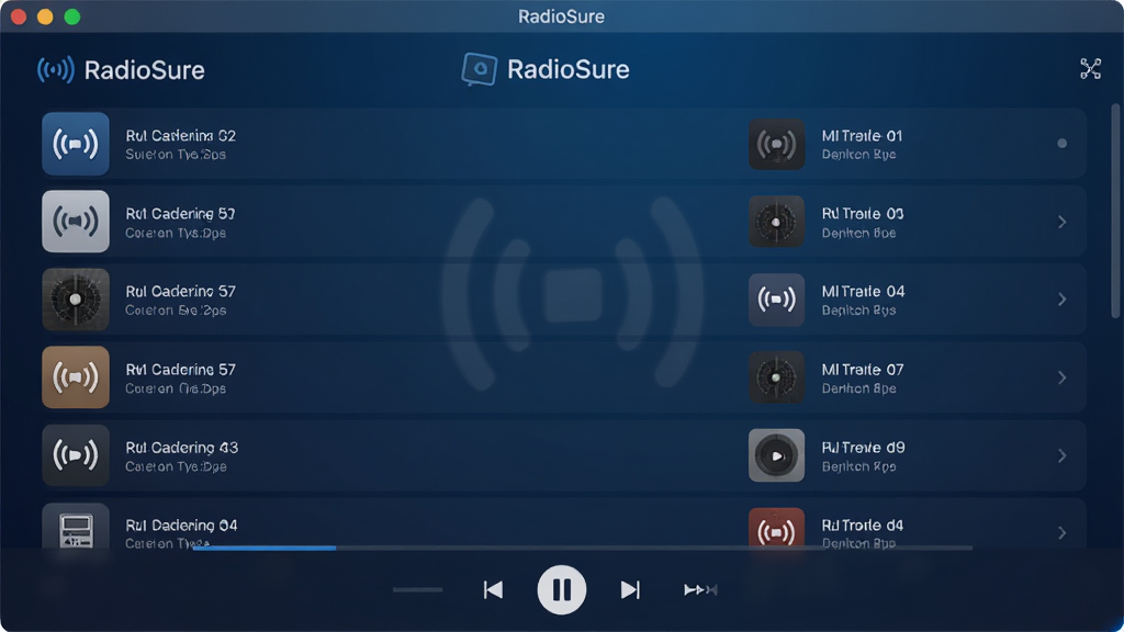 RadioSure软件主界面,展示简洁的电台列表和播放控制按钮,背景为深蓝色渐变,界面居中布局,列表清晰排列,风格现代简约,细节丰富,画质干净,无多余元素